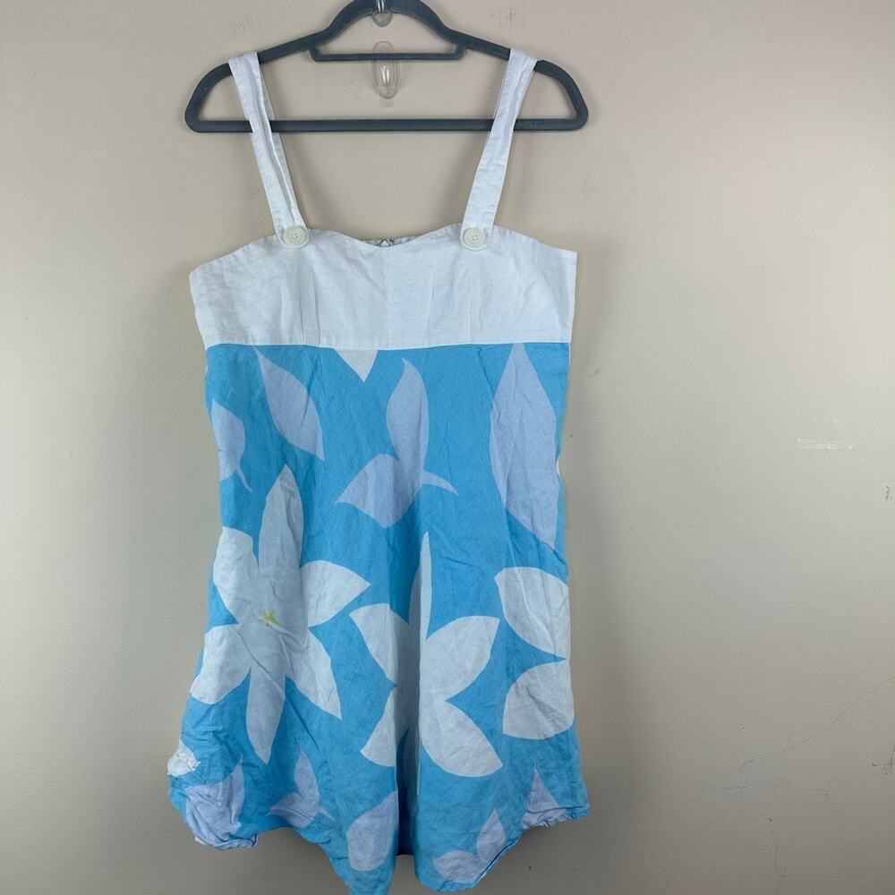 Island Company Womens Linen Sundress Size L Blue Floral Tropical Coastal Resort